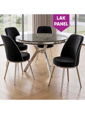 Canisa Natre Serisi 90X90 Lak Panel Antrasit Ironi Krom Ayaklı Mutfak Masası Takımı ve 4 Sandalye