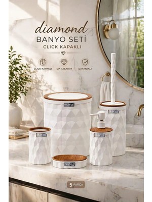 Okyanus Home Diamond 5'li Beyaz Paslanmaz Çelik Banyo Seti – Ahşap Click Kapaklı Şık ve Dekoratif Tasarım