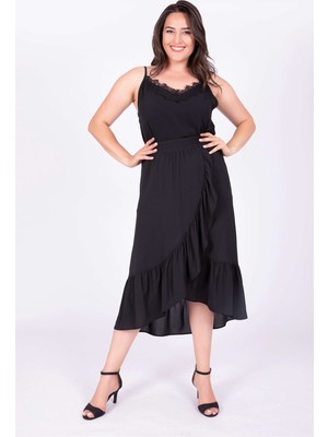 Myline Fırfırlı Uzun Etek Siyah 42 Beden Normal Bel Polyester Rahat Kalıp 34837