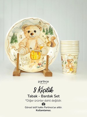 Partince 8 Kişilik Teddy Bear Tema Tabak Bardak Set Kullan At Karton Tabak Bardak Parti Seti