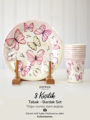 Partince 8 Kişilik Pembe Kelebek Tema Tabak Bardak Set Kullan At Karton Tabak Bardak Parti Seti