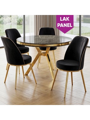 Canisa Natre Serisi 90X90 Lak Panel Antrasit Ironi Gold Ayaklı Mutfak Masası Takımı ve 4 Sandalye