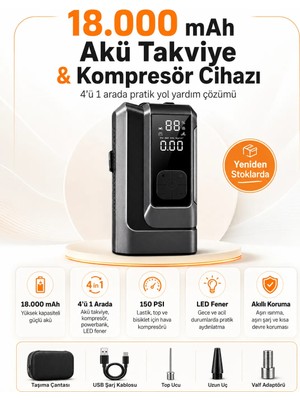 Kılıforyum 18.000mAh Akü Takviye Cihazı ve Hava Kompresörü, 4’ü 1 Arada Taşınabilir Araç Marş Basma Powerbank LED Fener