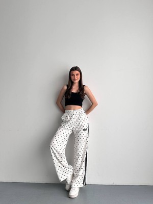 Butik Kadın Puantiyeli Yanı Şeritli Geniş Paça Bol Kesim Pantolon - Bel Lastikli Rahat Kalıp Casual Pantolon