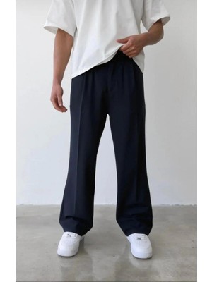 Ser Joven Erkek Lacivert Baggy Fit Rahat Kesim Pileli Kumaş Pantolon