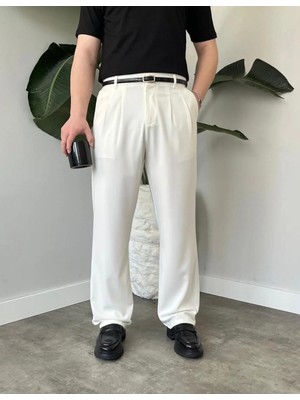 Ser Joven Erkek Beyaz Baggy Fit Rahat Kesim Pileli Kumaş Pantolon