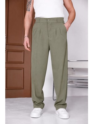 Ser Joven Erkek Haki Baggy Fit Rahat Kesim Pileli Kumaş Pantolon