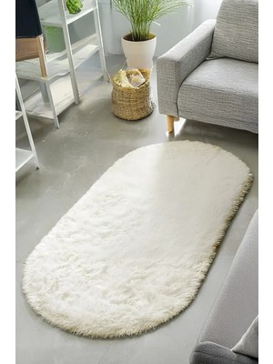 Santiva Home Krem Oval Post Halı Peluş Yumuşak Kaymaz Dot Taban Makinada Yıkanabilir Yolluk