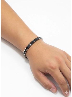 Uray Store Siyah Deri  / Çelik  Erkek Deri Bileklik 20 Cm  - EBL0045