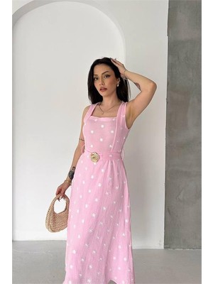 Neşeli Butik Kadın Pembe Çiçek Nakışlı Kemer Detaylı Kare Yaka Midi Boy Yazlık Elbise ---- NBK086