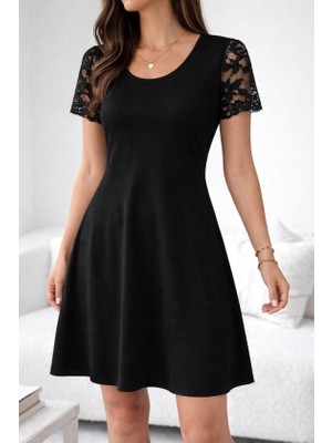 Alyn Wear Kadın Kısa Kollu Yuvarlak Yakalı Kolu Dantelli Kısa Viıskon Elbise