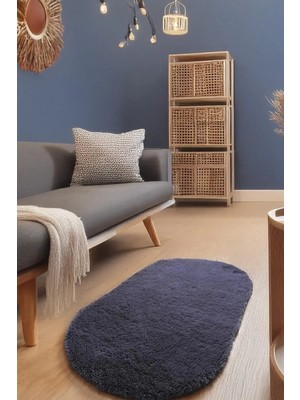 Santiva Home Antrasit Oval Post Halı Peluş Yumuşak Kaymaz Dot Taban Makinada Yıkanabilir Yolluk