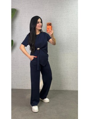 Passense Kadın Kısa Kollu Bisiklet Yaka Yandan Toka Detaylı Viskon Iki Iplik Bluz ve Pantolon Ikili Takım