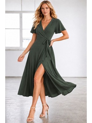 Alyn Wear Kadın Kısa Kollu Kruvaze Yakalı Belden Kuşaklı Yırtmaçlı Midi Viskon Elbise