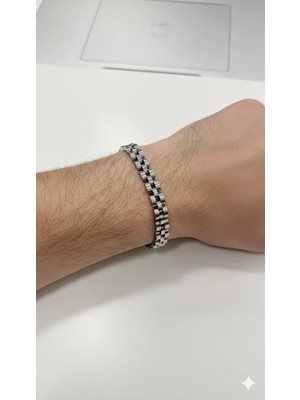 Uray Store Siyah - Lacivert Deri / Çelik  Erkek Deri Bileklik 20 Cm  - EBL0052