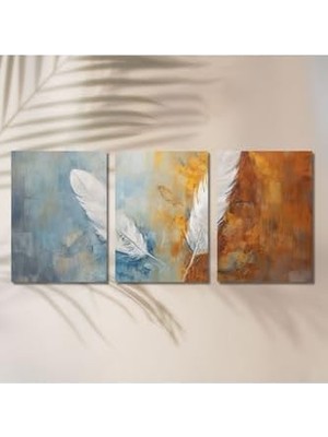 Zenwaya Store 3'lü Kanvas Tablo Seti Yağlı Boya Dokulu Beyaz Şans Tüyü Görseli 40 x 60 GARTNM1717