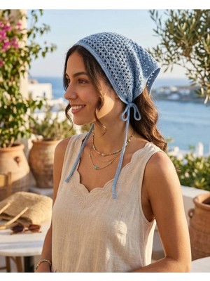 Kadın Yazlık-Günlük Plaj Uyumlu Delikli Triko Örgü Saç Bandanası %100 Pamuk