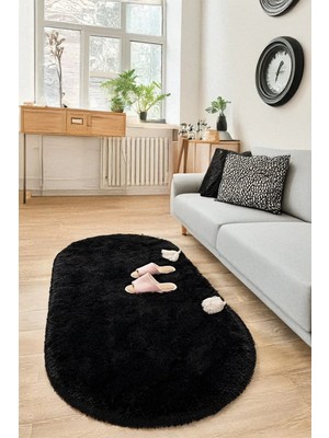 Santiva Home Siyah Oval Post Halı Peluş Yumuşak Kaymaz Dot Taban Makinada Yıkanabilir Yolluk