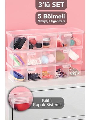 UltraMint 3'lü 5 Bölmeli Şeffaf Takı Organizer Kutusu, Yüzük, Kolye, Küpe Için