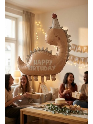 Partixa Happy Birthday Retro Açık Kahverengi Dinozor Temalı Folyo Balon Çocuk Doğum Günü Parti Süsü