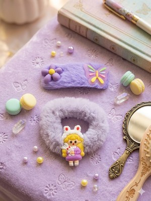 Ca Shopping Kelebek Tavşan Çiçek Figürlü Mor Peluş Kız Çocuk Toka Seti