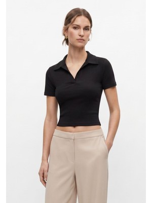 Rays Siyah Polo Yaka Kısa Kol Crop Tişört 1024