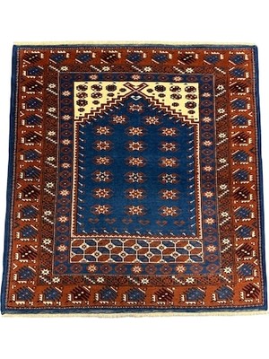 Burak Halı El Dokuma Sıfır Yağcıbedir Seccade 113X120 Mavi Kahve Kök Boya %100 Yün Namazlık