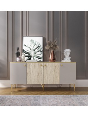 Kznmob Home Traverten Çok Amaçlı Modern Konsol, 4 Kapaklı 160CM Mermer Desenli Konsol - Tamamı Mdf