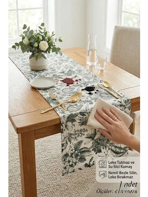 Rona Home Yeşil Çiçekli Premium Kumaş Masa Runner Ranır - Leke Tutmaz Kaliteli Keten Görünümlü Mutfak Runner