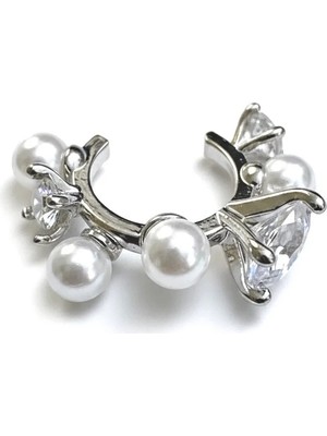 Cesicey Earcuff Sıkıştırmalı Pirinç Kıkırdak Küpe Incili Taşlı Gümüş Renk