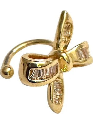 Cesicey Earcuff Sıkıştırmalı Pirinç Kıkırdak Küpe Baget Taşlı Fiyonk  Altın Renk