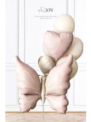 Odea Pembe Kelebekli Kalp Temalı Retro Balon Seti