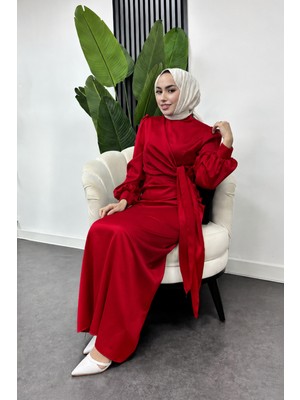 Tesettür Diyarı Roya Model Yandan Bağlamalı Saten Abiye-Kırmızı