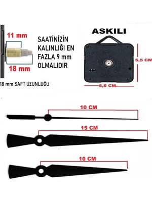 Cnr Shop Duvar Saati Mekanizması 18 mm Şaft, Sessiz Çalışır Akar, Akrep-Yelkovan-Saniye-(Askılı)