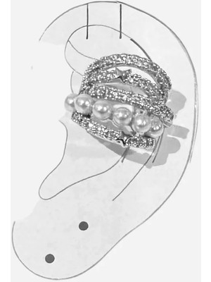 Cesicey Earcuff Sıkıştırmalı Pirinç Kıkırdak Küpe Tek Sıra Incili Zirkon Taşlı Gümüş Renk