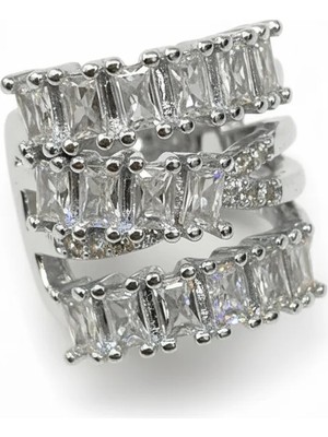 Cesicey Earcuff Sıkıştırmalı Pirinç Kıkırdak Küpe Baget Taşlı Üç Sıralı Gümüş Renk