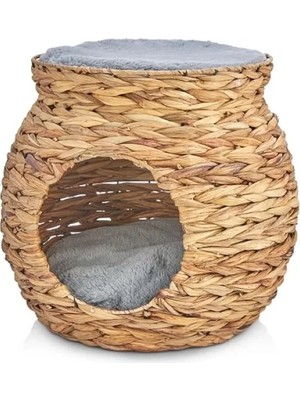 Odea Doğal Hasırdan El Yapımı Çift Katlı Kedi ve Köpek Yuvası, Yumuşak Minderli, 48X48X45 cm
