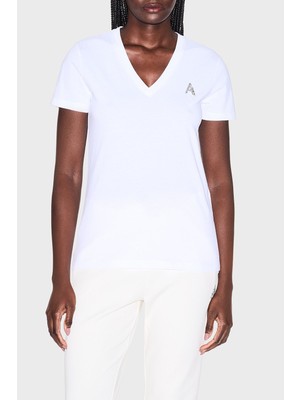 Armani Exchange Kadın Slim Fit V Yaka Kısa Kol Düz Model Beyaz T-Shirt XW002330 AF10356-U0002