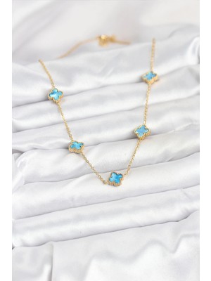 Senka Mey Ithalat® 316L Çelik Zincir Gold Renk Buz Mavisi Baby Boy Yonca Kadın Kolye