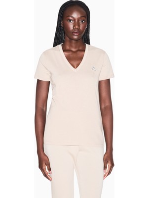 Armani Exchange Kadın Slim Fit V Yaka Kısa Kol Düz Model Bej T-Shirt XW002330 AF10356-U6223