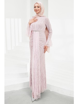 İmaj Butik Pudra Kol Ucu Volanlı Taşlı Dantel Abiye