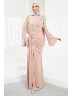 İmaj Butik Pudra Bel Büzgülü Taşlı Abiye