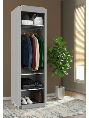 Missidea Slim Fit Portatif Metal Profilli Askılı Raflı Bez Dolap