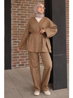 İmaj Butik Vizon Kuşaklı Ceket Pantolonlu Gabardin Takım