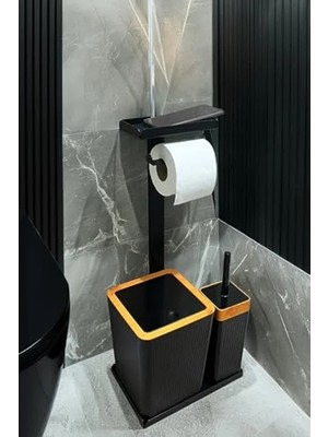Odea 3'ü 1 Arada Banyo Seti Tuvalet Kağıtlık, Çöp Kovası ve Tuvalet Fırça Takımı Set Çizgili (Ahşap Siyah)