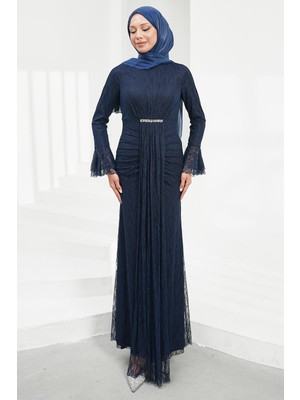 İmaj Butik Lacivert Kol Ucu Volanlı Taşlı Dantel Abiye