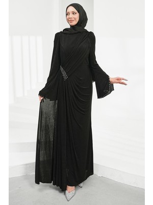 İmaj Butik Siyah Bel Büzgülü Taşlı Abiye