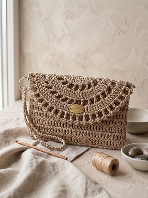 Talin Handmade Hasır El Çantası 16X22 cm | Çelik Kapamalı El Yapımı Örgü Clutch Çanta