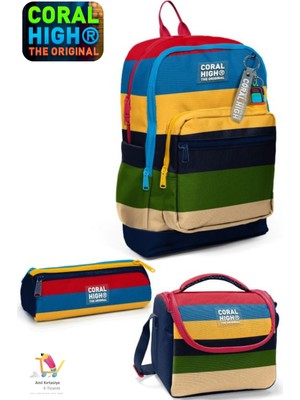 Coral High Kids Lacivert Sarı Kırmızı Çizgi Desenli Dört Bölmeli Okul Sırt Çantası,beslenme Çantası,kalem Çantası Set