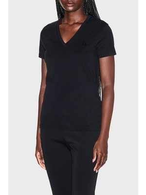 Armani Exchange Kadın Slim Fit V Yaka Kısa Kol Düz Model Siyah T-Shirt XW002330 AF10356-UC001